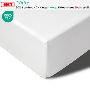 400TC White Bamboo Cotton Mega/Super Fitted Sheet | 50cm Wall | King