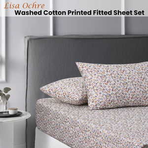 Lisa Ochre Washed Cotton Printed Fitted Sheet Set | Single