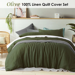 100% Linen Olive Quilt Cover Set | King