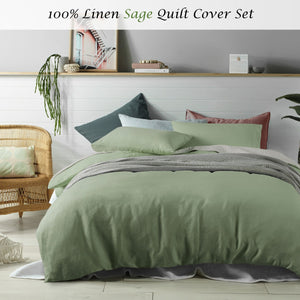 Accessorize 100% Linen Sage Quilt Cover Set | Queen