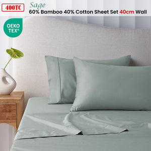 400TC Sage Bamboo Cotton Sheet Set | 40cm Wall | King Single