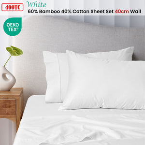 400TC White Bamboo Cotton Sheet Set | 40cm Wall | Double