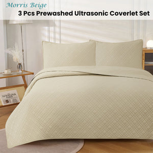 Jane Barrington Morris Beige Ultrasonic Embossed Lightly Quilted Reversible Coverlet Set | Queen