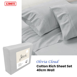 Jane Barrington 1200TC Olivia Cotton Rich Sheet Set | 40cm Wall | Cloud | Queen