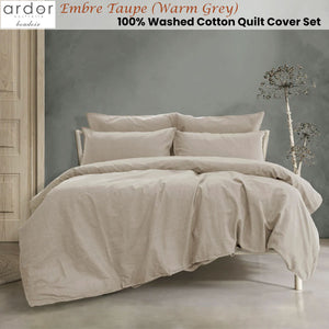Ardor Embre Taupe (Also Known as Warm Grey) 100% Washed Cotton Quilt Cover Set | Queen