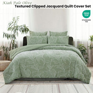 Ardor Kiah Pale Olive Textured Clipped Jacquard Quilt Cover Set | Queen