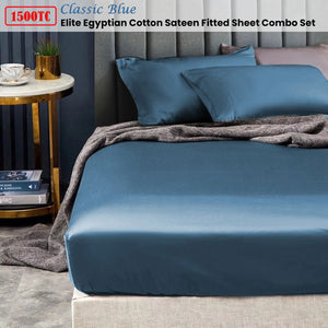 Ramesses 1500TC Elite Egyptian Cotton Sateen Fitted Sheet Combo Set | Classic Blue | King Single