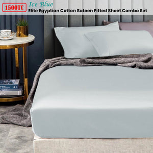 Ramesses 1500TC Elite Egyptian Cotton Sateen Fitted Sheet Combo Set | Ice Blue | Double