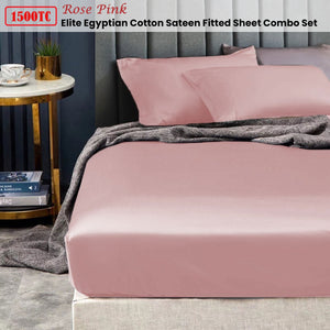 Ramesses 1500TC Elite Egyptian Cotton Sateen Fitted Sheet Combo Set | Rose Pink | King Single
