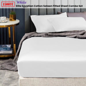Ramesses 1500TC Elite Egyptian Cotton Sateen Fitted Sheet Combo Set | White | Mega King