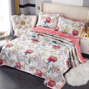 Lightly Quilted Coverlet Set | 100% Cotton | Peacock Garden Pink | Queen