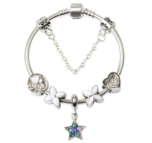 Women Silver Plated Bracelet | Snake Chain with Classic Bead Barrel Clasp & Blue Star Pendant (20cm)