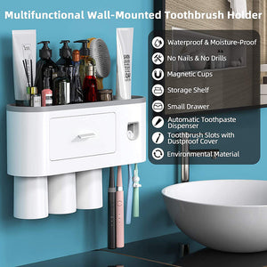Toothbrush Holders with 3-4 Cups | Automatic Toothpaste Dispenser Kit (4 Cups, 2 Drawers)