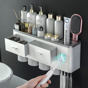 Toothbrush Holders with 3-4 Cups | Automatic Toothpaste Dispenser Kit (4 Cups, 2 Drawers)