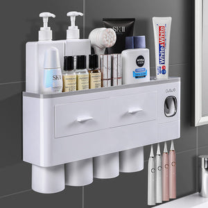Toothbrush Holders with 3-4 Cups | Automatic Toothpaste Dispenser Kit (4 Cups, 2 Drawers)