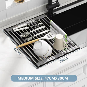 Kitchen Roll-Up Dish Drying Rack | Foldable Drainer Over Sink 304 Stainless Steel (Medium: 4730cm)