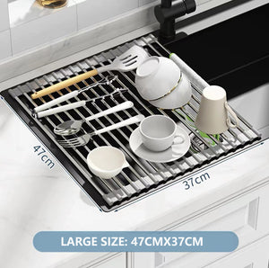 Kitchen Roll-Up Dish Drying Rack | Foldable Drainer Over Sink 304 Stainless Steel (Large: 4737cm)