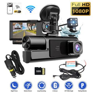 WiFi 3 Channels Dash Cam | 1080P Full HD | Car Dashcam | Hardwire Kit | 32GB Card