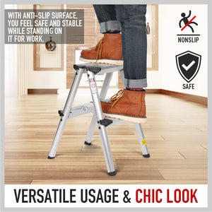 Portable Folding Ladder | 2-Step Aluminum | Lightweight Home Ladder | Anti-Slip | 150KG Capacity