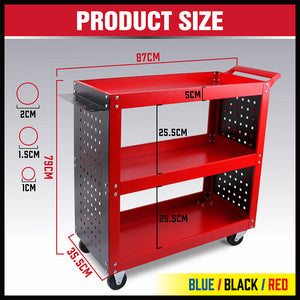 Heavy Duty Steel Tool Trolley | 3-Tier Workshop Cart | Pegboard, Hooks & Locking Swivel Casters