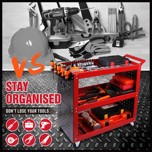Heavy Duty Steel Tool Trolley | 3-Tier Workshop Cart | Pegboard, Hooks & Locking Swivel Casters