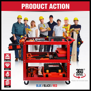 Heavy Duty Steel Tool Trolley | 3-Tier Workshop Cart | Pegboard, Hooks & Locking Swivel Casters