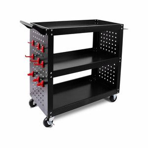 Heavy Duty Steel Tool Trolley | 3-Tier Workshop Cart | Pegboard, Hooks & Locking Swivel Casters