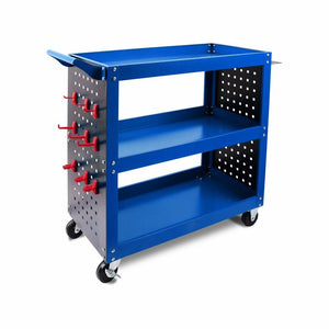 Heavy Duty Steel Tool Trolley | 3-Tier Workshop Cart | Pegboard, Hooks & Locking Swivel Casters