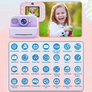 Blue Children's Thermal Camera with Dual-Camera | 1080P HD | 2400W Pixel | 2.4-Inch Display | Pink + 32GB