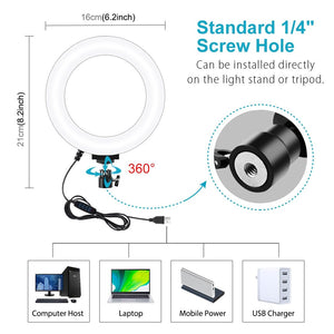 16cm USB LED Ring Light | With Tripod | 3 Modes | Black