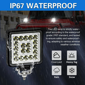 1 Pair LED Work Lights | 4" Square | Double Circle Angel Eye | Black