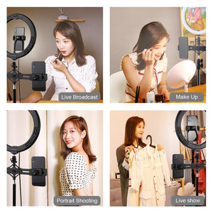 10.2 LED Ring Light with Tripod & Dual Phone Brackets | USB Dimmable | Dual Colour Temperature Selfie Remote | Black