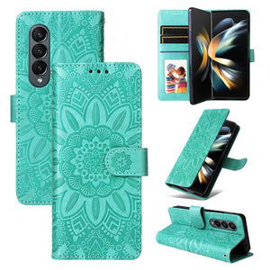 Sunflower Embossed Leather Phone Case | For Samsung Galaxy Z Fold 4 / 5G | Blue