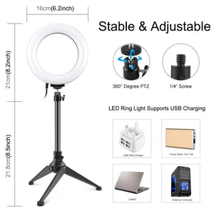 6.2" USB LED Ring Light with 10 Modes & Desktop Tripod Mount | Black
