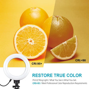 6.2" LED Ring Light with USB 3 Modes Dimmable | Vlogging, Photography, Video Pocket Tripod Mount | Cold Shoe Ball Head | Black