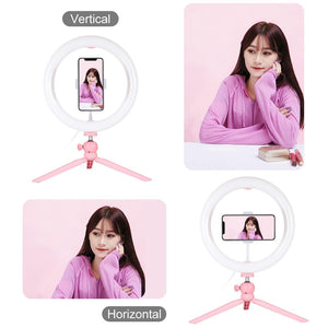 10.2" LED Ring Light with Tripod & Phone Clamp | 3 Modes Dual Colour Temperature Dimmable | Pink
