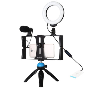 Vlogging Live Broadcast Smartphone Video Rig with LED Selfie Light, Microphone, Tripod Mount & Cold Shoe Head | Blue | PKT3025L