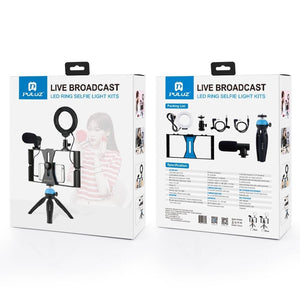 Vlogging Live Broadcast Smartphone Video Rig with LED Selfie Light, Microphone, Tripod Mount & Cold Shoe Head | Blue | PKT3025L