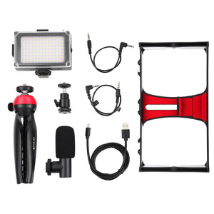 Live Broadcast Vlogging Kit with LED Light | Microphone | Tripod & Cold Shoe Head | Red