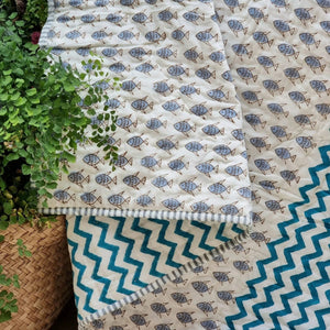 GOTS Certified Organic Cotton Reversible Baby Quilt | 100x120cm | Little Fish (Blue)