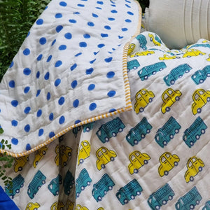 GOTS Certified Organic Cotton Reversible Baby Quilt | 100x120cm | Yellow Cars