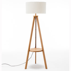 Natural Wooden Tripod Floor Lamp | Round Wood Shelf + Off-White Linen Shade