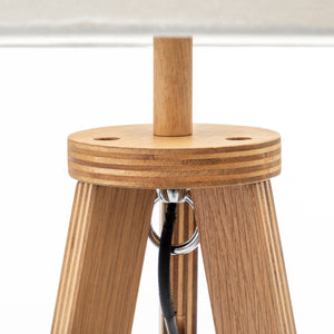 Natural Wooden Tripod Floor Lamp | Round Wood Shelf + Off-White Linen Shade