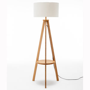 Natural Wooden Tripod Floor Lamp | Round Wood Shelf + Off-White Linen Shade