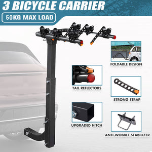 3-Bike Car Rear Rack | Foldable Steel Hitch Mount | Towbar Bicycle Carrier