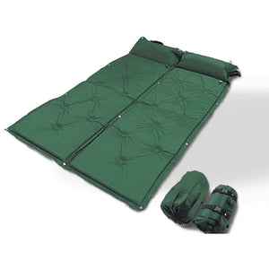 Double Self-Inflating Mattress | Airbed Camping Mat | Sleeping Pillow w/ Bag | Green