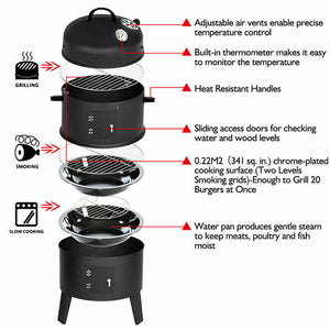 NEW 3-in-1 Portable Charcoal Vertical Smoker | BBQ Roaster Grill | Steel Water Steamer