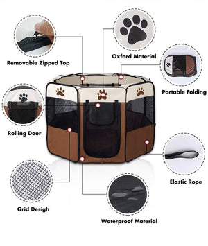 8-Panel Pet Playpen | Dog Puppy Cat Crate | Portable Tent Kennel | Extra Large | Brown