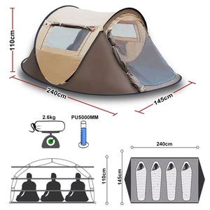 Waterproof Instant Up Beach Camping Tent | 3 Person Pop Up | Family Hiking Dome