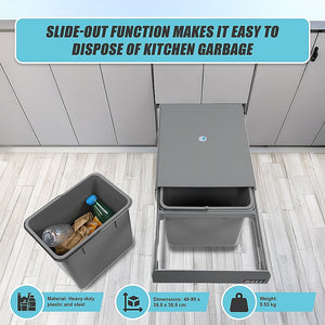 2x 15L Pull-Out Trash Bin | Dual Kitchen Garbage Waste Basket | Cabinet Bin